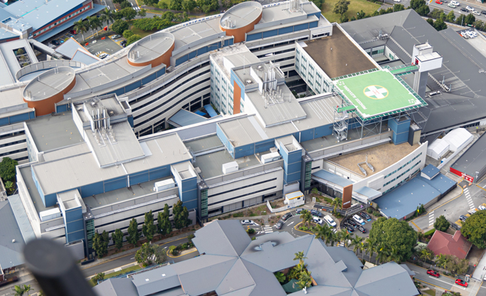 Aerial view above hospital