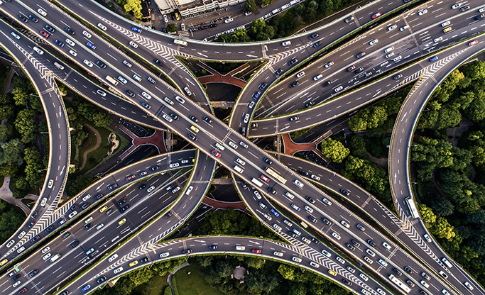 Aerial shot of a road junction in Shanghai