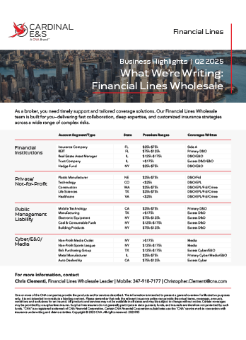 Cardinal E&S Financial Institutions Successes Sheet